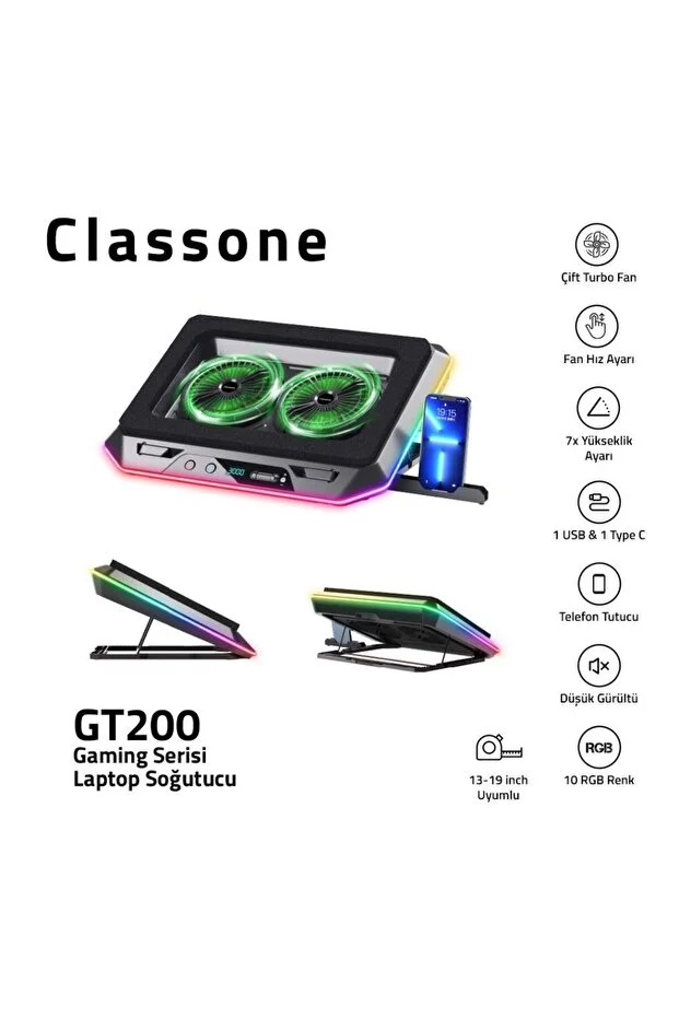 Gaming Gt200 Laptop Soğutucu Notebook Stand,3000 Rpm, 10 Rgb Işık Kontrolü , 15.6 -17 Inch